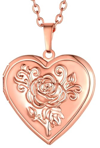 Supcare Pendentif en forme de coeur avec médaillon, pendentif fleur en or rose, chaîne ajustable de 55cm, cadeau d'anniversaire pour les filles et les femmes.