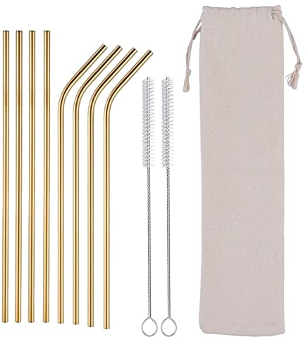 Lot de 8 pailles réutilisables en métal et nettoyeurs - En acier inoxydable coloré - 21,5 cm - 0,06 cm (4 droites + 4 pliées + 2 brosses avec étui de sac) - Doré