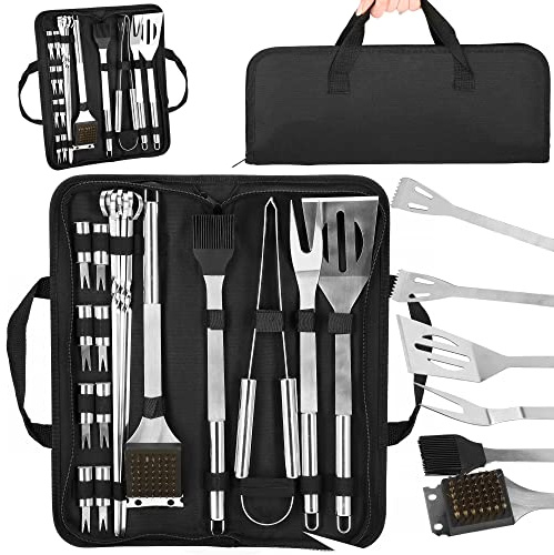 SPRINGOS Grillbesteck Grillzubehör 20-teilig inkl.Tragetasche Grillset aus Edelstahl Barbecue Set Gabel Wender Grillbürste Zange Grill-Reinigungsbürste Grillspieße