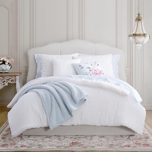 Shabby Chic® - King 3-Piece Comforter Set, Reversible Cotton Bedding with Matching Shams, Seersucker Shirring Home Decor for All Seasons (Aiden White, King)
