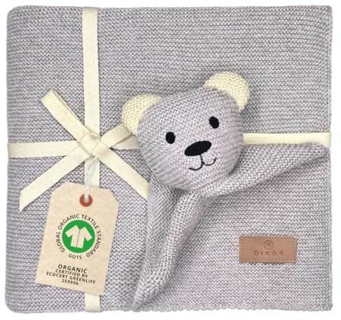 DIKOS Original Babydecke SCHMUSE-Bär (Hellgrau) – Premium 2-in-1 Neugeborenen Kuscheldecke & Schmusetuch – aus weicher gestrickter Bio-Baumwolle (GOTS/Oeko-TEX) – Geschenk zur Geburt Mädchen/Junge