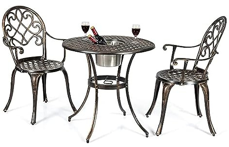 GOPLUS 3 delar Bistro-set, utomhus trädgårdsset av gjuten aluminium med avtagbar ishink och paraplyhål, bistrobord med 2 stolar för trädgård, gård och terrass, stabila och antika balkongmöbler, brons