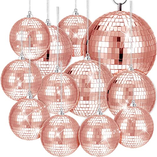 WILLBOND 12 Pack Disco Ball Mirror Ball with Hanging Ring for Fun Retro Disco Party Decorations Party Dj Lighting Effect Stage Props Game Accessories, 5.91, 3.94, 3.15, 2.36(Rose Gold)