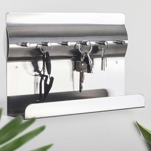 RICOO Schlüsselbrett mit Ablage Edelstahl Schlüsselhaken MB6001 Magnetisch Notizwand Schlüsselhalter Wand Flur Edelstahl Key Holder Aufbewahrung