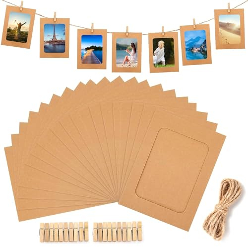 guangyuan 11x15cm Cornice di Carta per Foto DIY Album Portafoto Decorazione della Parete con Corda di Iuta e Mollette Appeso Decorazione di Festa Matrimonio e Compleanno 20 Pezzi, Marrone