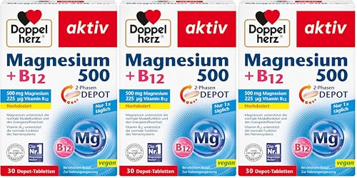 Doppelherz Magnesium 500 + B12 2-Phasen – Hochdosiert mit 500 mg Magnesium pro Depot-Tablette – 30 Tabletten (Packung mit 3)
