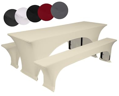 TexDeko® gepolsterte Hussen für Bierzeltgarnitur Stretch | Set aus Tisch- & Bankhussen | Knitterfrei, Pflegeleicht & Waschbar | Perfekt für Festzelte, Hochzeiten & Events (220 x 70cm, Creme)