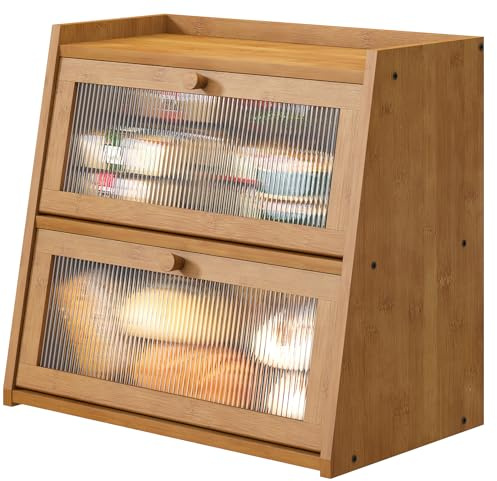 viewcare Extra Large Bread Box, Double Layer Bread Box for Kitchen Counter, Bamboo Wood Large Capacity Bread Storage Bin with Acrylic Wavy Door Panel