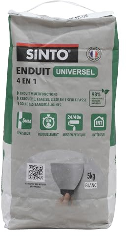 SINTO Enduit universel poudre blanc 5kg | Rebouche égalise et lisse en 1 seule passe jusqu'à 5mm, colle les bandes à joints, plâtre béton brique et bois