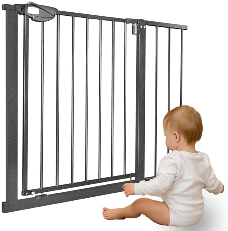 TWOLIIN Türschutzgitter Treppenschutzgitter ohne Bohren Treppengitter für Breiten 95-105 cm inkl 20 cm Verlängerung Türgitter aus Metall, Schließt automatisc, Einhändige Bedienung, Schwarz