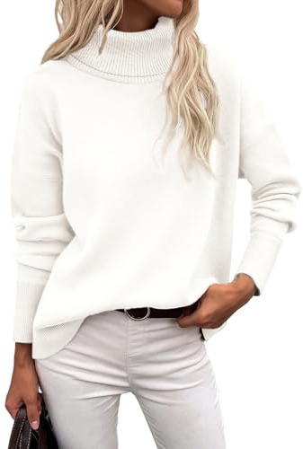 Zeagoo Jersey de Cuello Alto para Mujer Otoño Cálido Sueter Invierno Pullover Largo Elegante Casual Punto Sweater Blanco XL
