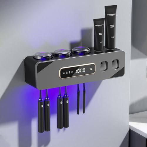 Halter für UV-Zahnbürsten-Desinfektionsmittel, UV Desinfektions Zahnbürstenhalter mit Trocknen, mit 2 Wand Badezimmer Automatischer Zahnpastaspender, LED-Touchscreen, 6 Zahnbürstenfächern-Gun Gray