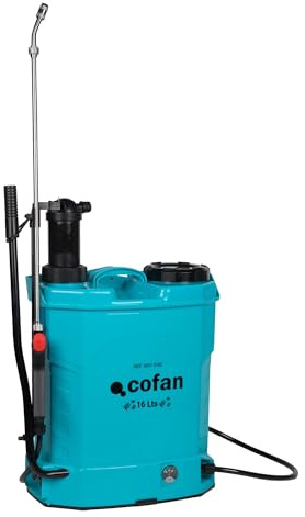 Cofan Pulverizador de espalda eléctrico | Capacidad: 16 litros | Batería de litio 12 V 8Ah | Doble uso manual y automático | Lanza 60 cm | 4 Boquillas | Correas acolchadas
