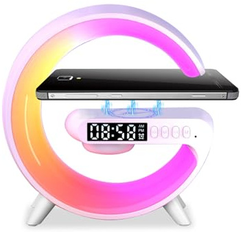 Nachttischlampe mit Uhr und Ladestation, 5W Radiowecker mit Licht und Ladefunktion Dimmbar G Lampen LED Lampe Bluetooth Lautsprecher, Intelligente Tischlampe mit 10 Lichtfarbe für Nachttisch (Weiß)