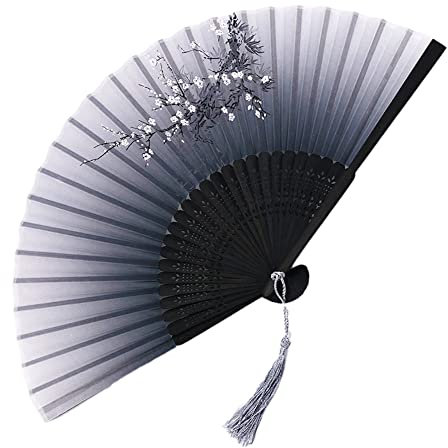 Blausky Handfächer,Bambusfäche,Folding Fans mit Quaste,Bambus Handheld Faltfächer,Hand Fans,Falten Handfächer,Hand Folding Fans,Hand Halten Fans,für Geschenke Wanddekoration,40 x 21 cm,Grau A
