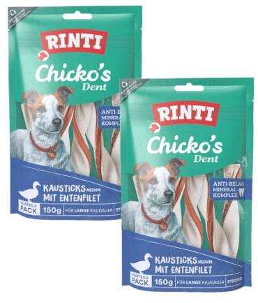 Rinti Extra Chicko Dent Medium Kausticks mit Entenfilet | Doppelpack | 2 x 150 g | Ergänzungsfuttermittel für Hunde | Kaustreifen für die Zahnpflege | Bissfeste Rinderhaut