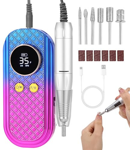 Ponceuse pour Ongles, Portable Professionnelle 35000 RPM, Lime à Ongles Electrique Rechargeable pour Enlever et Polir le Gel Acrylique Ongles, Perceuse à Ongles avec Kit de Salon,Rose-Bleu