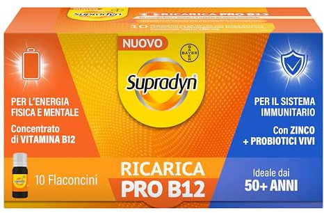 Supradyn Ricarica PRO B12, Integratore con Vitamina B12, Zinco e Probiotici, per la Stanchezza Fisica e Mentale e il Supporto al Sistema Immunitario dopo i 50 anni, Adulti 50+, 10 flaconcini