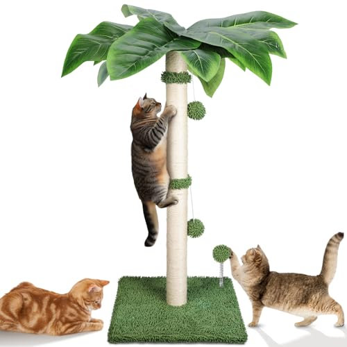 Pawchop Cat Scratching Post, 85cm Vertical Cat Scratcher with Sisal Rope, Cats Scratching Tree with 2 Hanging Ball and 1 Spring Ball, Natural Sisal Climbing Tree for Cats and Kittens Indoor