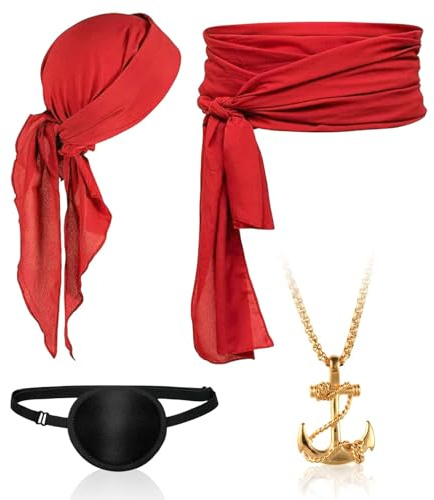 TUONYIS Piratenkostüm-Zubehör-Set, Vintage-Kapitän-Piraten-Zubehör mit rotem Piraten-Bandana, Gürtel, für Damen und Herren, Piraten-Zubehör, Karneval, Halloween, Cosplay, Piratenparty, 4-teilig