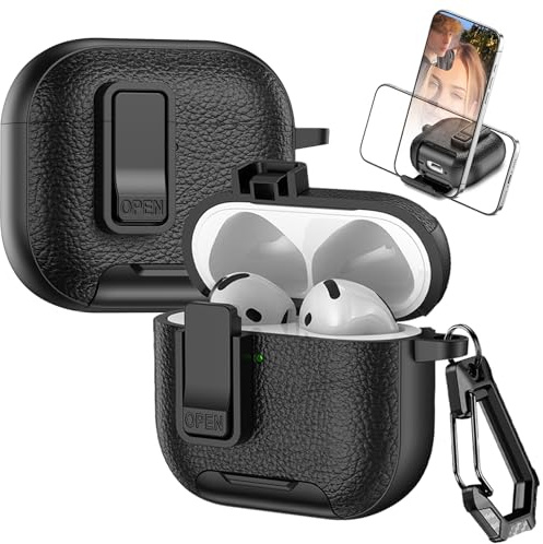 Fofvccv Funda para AirPods 4 Generación 2024 con Mosquetón - PWJ Black | Carcasa de Piel Resistente con Bloqueo de Seguridad y Soporte Oculto Estuche Antigolpes para AirPods 4