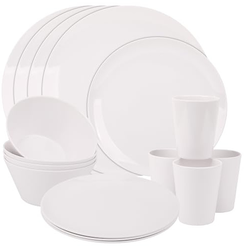 Evenemangsdekor, butik, 16-delad vitfärgad melamin middags set | tallrikar, desserttallrikar, skålar och koppar | Servis för 4 | återanvändbar och lätt | perfekt för inomhus, utomhus, picknick och