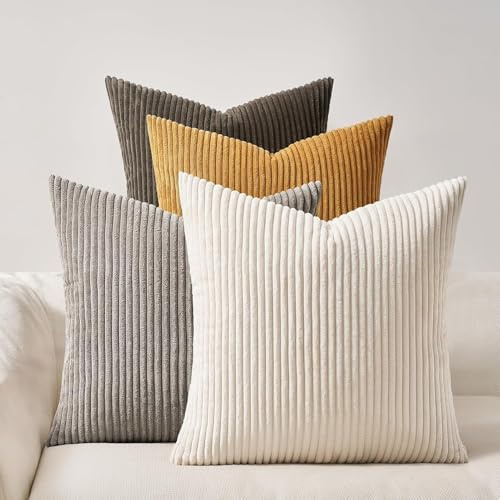 Topfinel Kissenbezug Braun 50x50 4er Set Kordsamt Kissenbezüge Kissenhülle Dekokissenbezug Sofakissen Dekokissen Deko für Sofa Schlafzimmer Wohnzimmer Balkon flauschig Farbverlauf, Gestreift