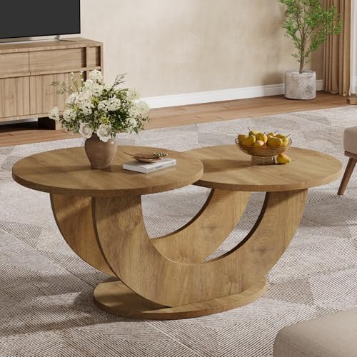 Tribesigns Table basse ronde pour salon, table basse à 2 niveaux de style ferme avec cadre en U, table basse d'appoint pour cocktail au centre pour la maison, appartement, naturel