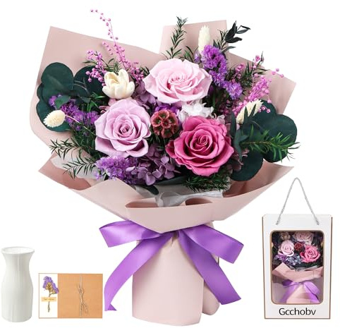 Gcchobv Preserved Flowers Bouquet, Real Fresh Flower Make, Long-Lasting, Gifts for Mother's Day, Christmas Valentine's Day Birthday Gifts | Gifts For Women, Birthday Gifts For Mom Friends Her Girlfriend Sister, Valentine (Pastel Lilac)