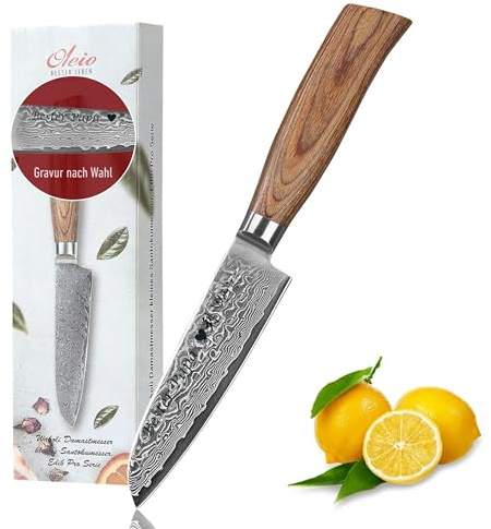Wakoli EDIB Pro Premium Santoku Messer klein mit Klingen Gravur mit 11 cm Klinge gefertigt aus 67 Lagen echtem Damaststahl mit Pakkaholzgriff I Damastmesser Küchenmesser und Profi Kochmesser