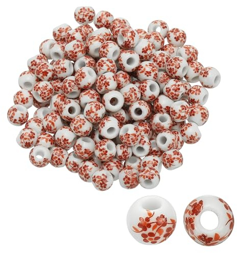 PATIKIL 150 Pezzi Perline In Ceramica Per Creazione Di Gioielli, 8mm Perline In Porcellana Stampate A Fiore Perline Smaltate A Mano Materiali Per Bigiotteria Per Orecchini, Orchidea Rossa