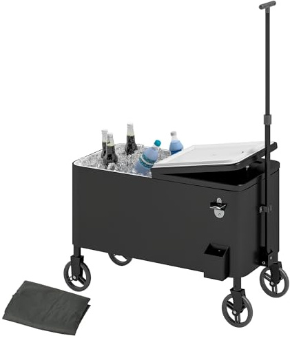 Outsunny 76L Kühlwagen Fahrbare Beistellwagen mit Rädern Flaschenöffner Kühlbox mit Deckel Griffe, Bar Kühlbehälter Getränkewagen Servierwagen für Party Outdoor Terrassen Weiß