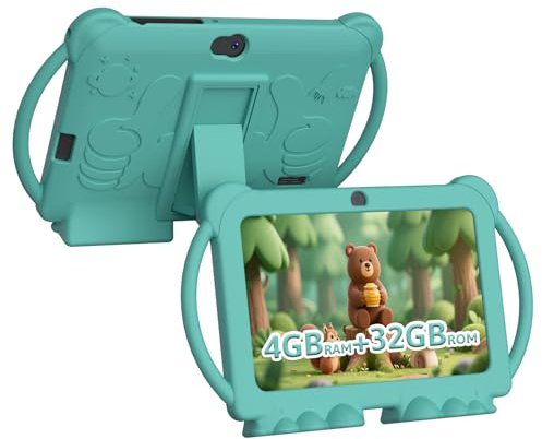 HOTTABLET Tablet per bambini da 7 pollici, Android 12, 4 GB di RAM 32 GB di ROM, 512 GB di espansione, con controllo genitori, WiFi, Bluetooth, doppia fotocamera con custodia in silicone, 1 pezzo