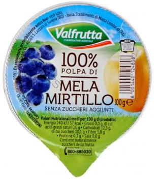 Valfrutta Polpa di Mela e Mirtillo, 100% Frutta, Senza Zuccheri Aggiunti, Confezione da 100g, Set 24 Vaschette