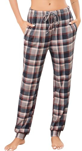 Wikoan Pantalon de Pyjama Femme en Polaire Bas Pyjama Long avec Poches Pantalon de Nuit Chaud Doux Vêtements de Nuit à Carreaux S-XXL | Pantalon de nuit élastique doux et chaud pour femme avec cordon de serrage S-XXL