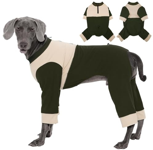 Kuoser Fleece Hundepullover für Große Hunde, Warmer Hundeschlafanzug mit 4 Beinen, Weicher Elastischer Hundebody mit Reißverschluss und Kordelzug, Grün 3XL
