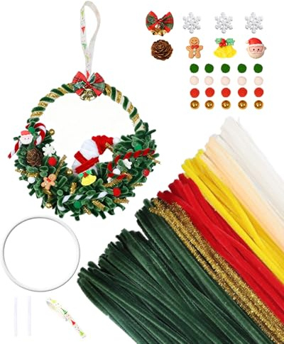 Pfeifenputzer Basteln 115pcs, Weihnachten Pfeifenreiniger Satz packung für selbstgemachte 20cm Weihnachtskränze, Chenille-Bastelset zum Kränzen mit Weihnachts accessoires, manuelle Dekoration für Wand