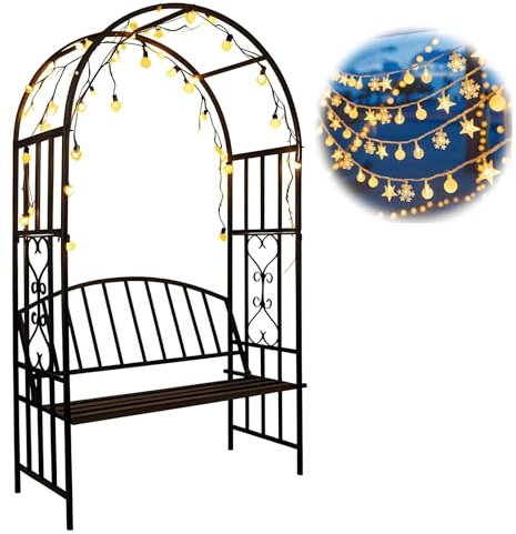 Metal Garden Arch with Bench Steel Pergola for Climbing Plants Outdoor Trellis with Seat Black Arbor for Roses & Vines Perfect for Backyard Weddings & Parties Atmosphere Lighting Included
