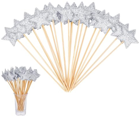 DICOSMETIC 80 Stück Silber Glitzer Stern Cupcake Topper Silber Stern Cocktail Picks 13.5cm Lang Bambus Dekorative Sandwich Picks Charcuterie Boards Sticks Für Feiertags Hochzeit Party Dekor