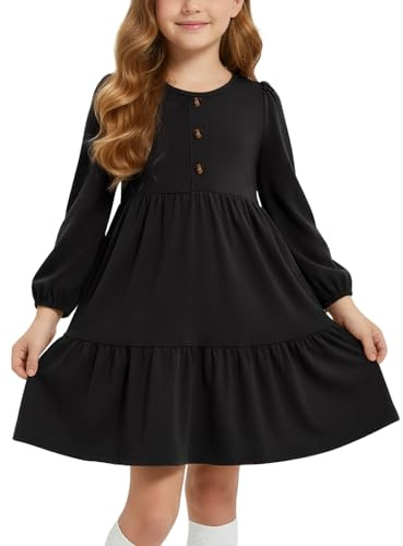 JiAmy Girls Dress Puff Long Sleeve Cotton Round Neck Kids Casual T-Shirt Dresses with Pockets Tiered High Waist Swing A-line Fall Tween Dress for 11-12 Years, Black