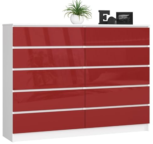 BDW - Kommode mit 10 Schubladen, Komodenschrank K160, Sideboard, Wohnzimmer Schlafzimmer Flur Möbel, Büroschrank, Robustes Material und modernes Design - 160x40x121cm, Weiß/Rot Hochglanz