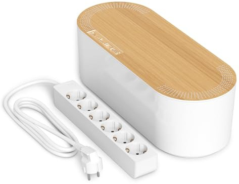D-Line Kabelbox mit 6-Fach Steckdosenleiste 2 m, Kabelmanagement Box zur Kabelaufbewahrung, Kabel Organizer für TV & Schreibtisch – Groß, Weiß mit Holzoptik-Deckel