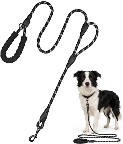 Rope Dog Lead, Reflective 2 Handle Dog Leads with 2 Padded Handles, Durable Dog Lead with 2 Handles for Medium & Large Dogs, for Outdoor Walking Training Activities, 360°O-Ring, 6 Feet/1.8m