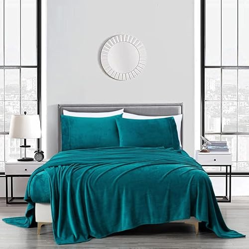 TRP Super Soft 4-Piece 200 GSM Fleece Velvet Micro Plush Flannel Bed Sheets Set Cal.King Size | Luxury Premium Lavish Quality Lightweight Cozy Aesthetic Bedding Teal Blue Color Fade Wrinkle Resistant