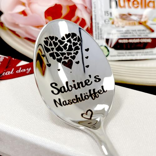 Personalisierter gravierter Edelstahl-Löffel mit Nutella Mini – Herz-Design, Nasch-Löffel mit individuellem Namen für Schokoladenliebhaber