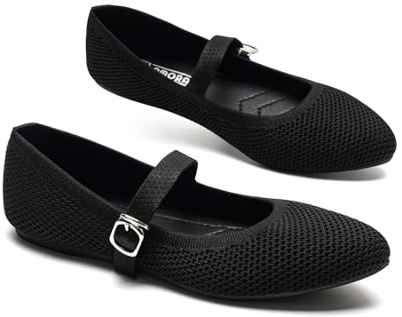 GLAMORA Bailarinas Mujer Merceditas Punto Correa Hebilla Cierre Rápido Zapatos Planos Cómodos Plantilla Acolchada Tejido Transpirable Verano Ligero Diario Ajustable black-39