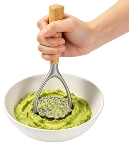 Potatis Masher med trähandtag | Potatispress och köksmatmästare | Double Arc Ergonomiskt trähandtag vegetable asher | För avokado bananas bönor morot frukter vegetabiliskt