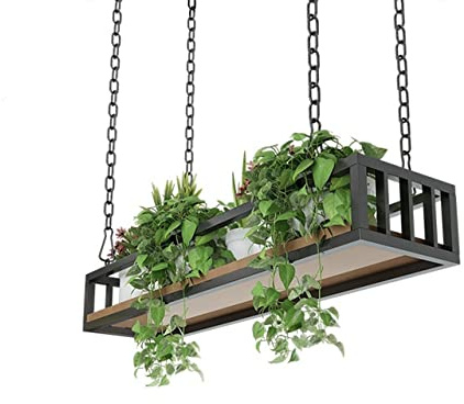 Ceiling Hanging Plant Shelves with Iron Chain - Floating Flower Pot Stand Wooden Kitchen Storage Rack & Wine Holder for Balcony Bar & Flower Shop (60x25x15cm)