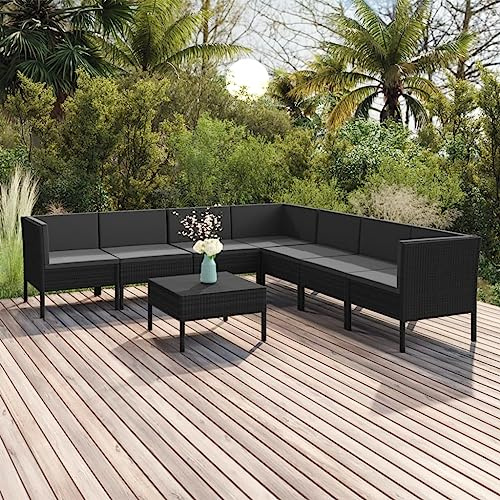 Ziaphsol 8-TLG. Trädgårdsmöbelset med kuddar av svart poly rotting, för terrass, balkong och trädgård, loungegrupp med soffa, pall, bord och bekväma kuddar, väderbeständiga och lätta att flytta