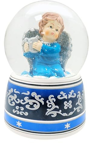 Schneekugel Engel blau mit Harfe Silber - Sockel mit Ornamenten - mit Spieluhr „Hark The Herald Angel Sing“ 140mm hoch - 20028